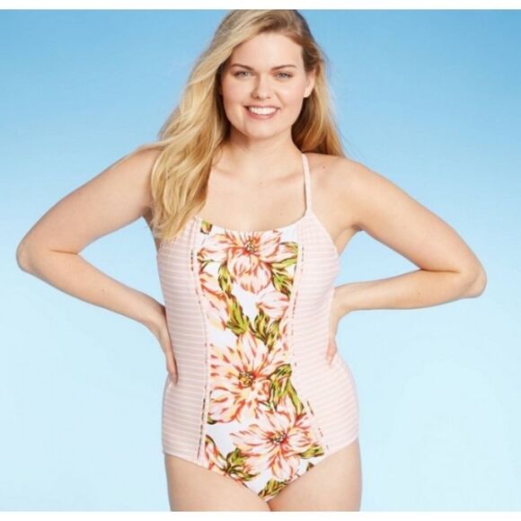 Kona Sol Floral & Striped High Coverage One Piece Swimsuit, NWT - Picture 1 of 11